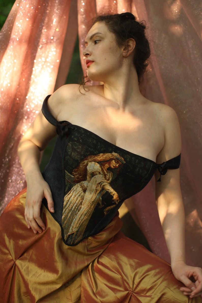 Reversible tapestry corset with accolade painting, medieval corset, gothic corset image 9