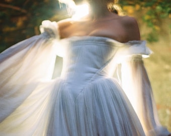 White Crinkled Viscose Maxi Dress, Off Shoulder Wedding Dress, Elvish style dress, Romantic Long Sleeve Gown, Boho Bridal Dress
