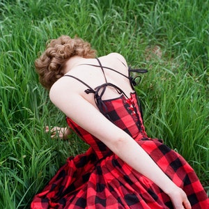 reversible midi dress, plaid dress, red corset dress image 2