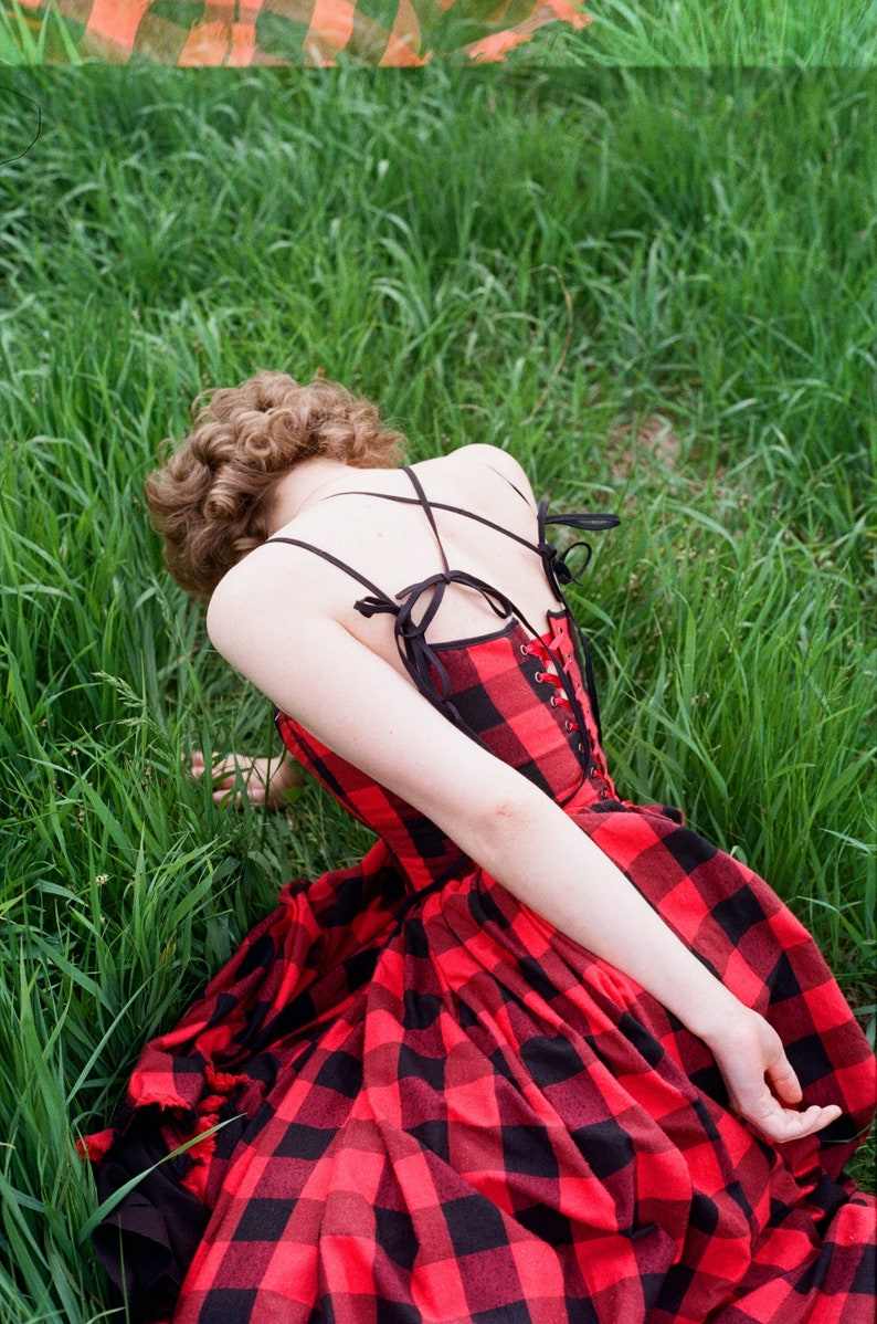 reversible midi dress, plaid dress, red corset dress image 2