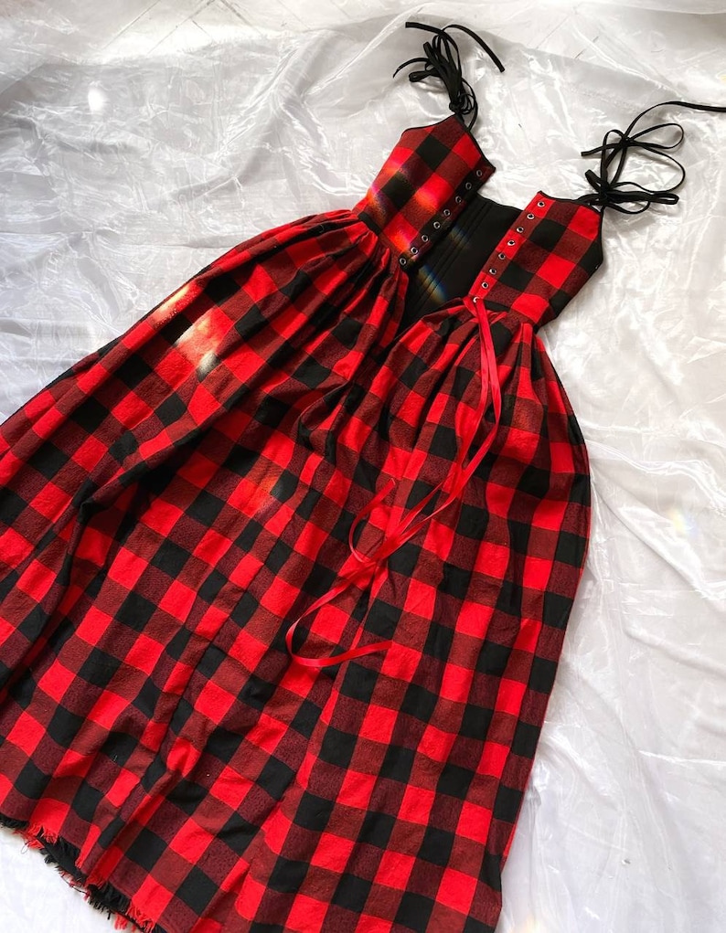 reversible midi dress, plaid dress, red corset dress image 8