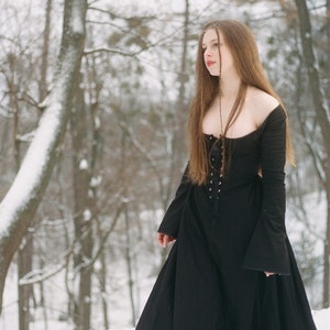 Black dress with sleeves, medieval corset dress, gothic dress image 5