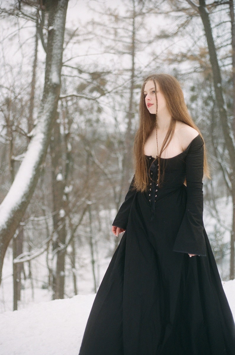Black dress with sleeves, medieval corset dress, gothic dress image 5