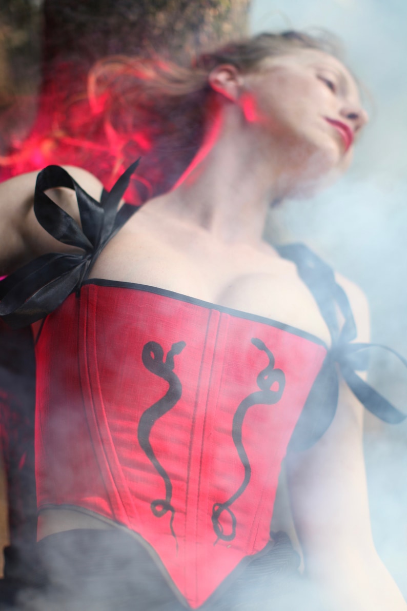 May include: A red corset with black straps and a snake design. The corset is worn by a person with red hair, and the image is slightly blurred.