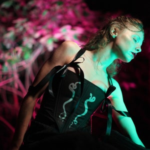 May include: A woman wearing a black corset with a snake design and a silver chain. The corset has black ribbon ties. The woman is standing in front of a pink and green blurred background.