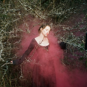 May include: A long-sleeved black dress with a scoop neckline and a corset-style bodice featuring front lacing. The garment is surrounded by a dense cloud of deep pink smoke, set against a backdrop of bare, lichen-covered tree branches.