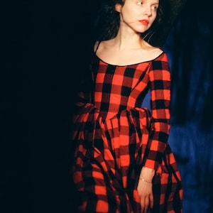 Red plaid dress, corset dress, peasant dress