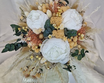 Bridal bouquet white beige peonies eucalyptus boho bouquet pampas grass dried flower bouquet boho bouquet dried flowers summer wedding