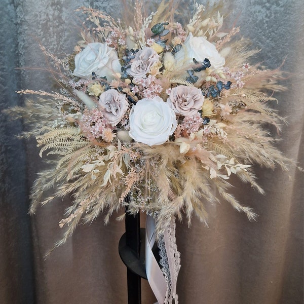 Bouquet de mariée pastel crème litchi rose taupe boho bouquet pampas herbe bouquet de fleurs séchées boho bouquet fleurs séchées mariage