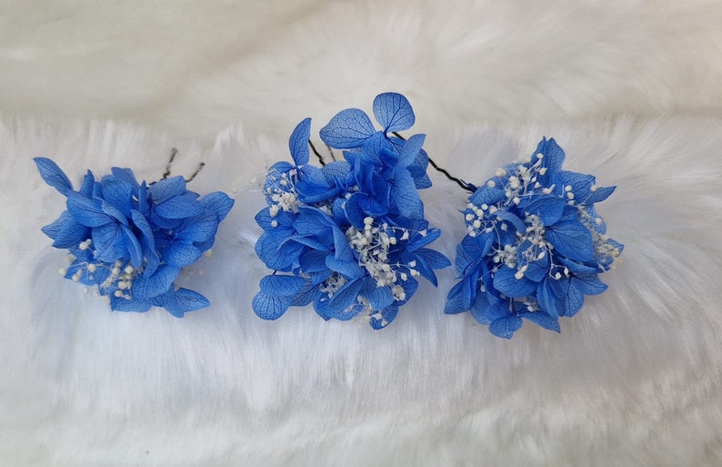 Set 3 x Zartes Haarschmuck Haarnadel Konserviertes Schleierkraut ,Hortensien Blau Trockenblumen Boho Hochzeit Brautschmuck Bild 2