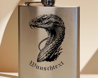 Flachmann 200 ml für unterwegs personalisiert mit Gravur aus Edelstahl gebürstet, Geschenk Motiv Cobra Schlange Fantasy