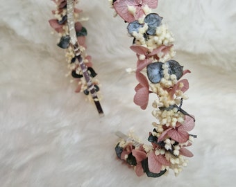 Bandeau cheveux accessoires fleur bijoux vieux rose hortensias eucalyptus coiffure fleurs séchées boho séance photo mariage