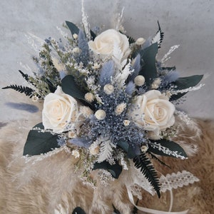 Bridal Bouquet Ice Blue Gray Blue Cream Eternal Roses Champagne Boho Bouquet Pampas Grass Dried Flower Bouquet Boho Bouquet Dried Flowers Wedding