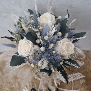 Bridal bouquet ice blue gray blue cream eternal roses champagne boho bouquet pampas grass dried flower bouquet boho bouquet dried flowers wedding