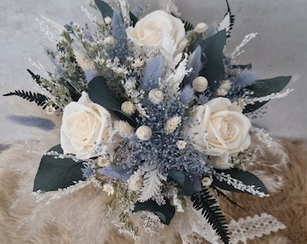 Bruidsboeket ijsblauw grijs blauw crème eeuwige rozen champagne boho boeket pampa's gras gedroogde bloemen boeket boho boeket gedroogde bloemen bruiloft