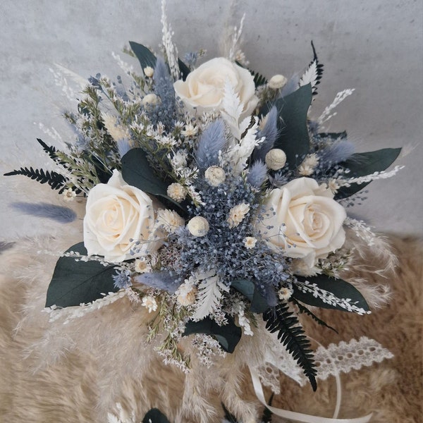 Brautstrauß Iceblau Grau Blau Creme ewige Rosen Champagner Bohostrauß Pampasgras Trockenblumenstrauß Boho Strauß Trockenblumen Hochzeit