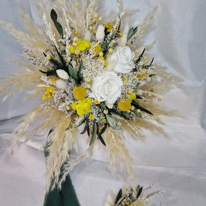 Brautstrauß ''Soomer Love'' Gelb Weis Olive ewige Rosen Bohostrauß Pampasgras Trockenblumenstrauß Boho Strauß Trockenblumen Strand Hochzeit Bild 7