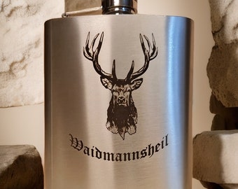 Flachmann 200 ml für unterwegs personalisiert mit Gravur aus Edelstahl gebürstet, Geschenk Motiv Hirsch