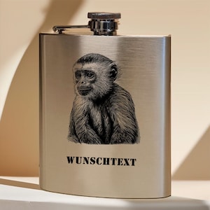 Flachmann 200 ml für unterwegs personalisiert mit Gravur aus Edelstahl gebürstet, Geschenk Motiv Affe Bild 1