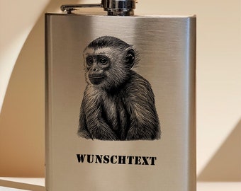 Flachmann 200 ml für unterwegs personalisiert mit Gravur aus Edelstahl gebürstet, Geschenk Motiv Affe