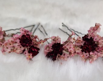 Zartes Haarschmuck Haarnadel Altrosa Rosa Bordeaux GlixiaTrockenblumen Boho Hochzeit Brautschmuck Blumen Hochzeit