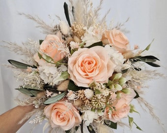 Brautstrauß Weiß Beige Pfirsich Bohostrauß Pampasgras RosenTrockenblumenstrauß Boho Strauß Trockenblumen Sommer Hochzeit