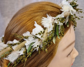 Hair Wreath White Green Accessories Hair Accessories Flower Headdress Boho Headdress Dried Flowers Olive Leaves Wreath Boho Wedding Photoshoot