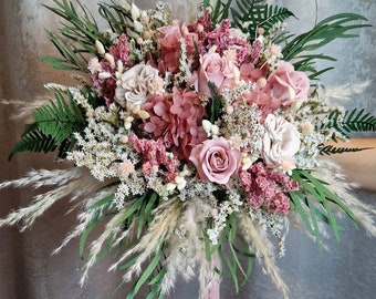 Bridal bouquet ''Enchanted Garden'' old pink pink taupe, boho bouquet pampas grass dried flower bouquet boho bouquet roses eucalyptus wedding