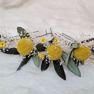 Zartes Haarschmuck Haarnadel Gelb Grün Olivenblätter Trockenblumen Boho Hochzeit Brautschmuck Blumen Hochzeit Fotoshooting Bild 1