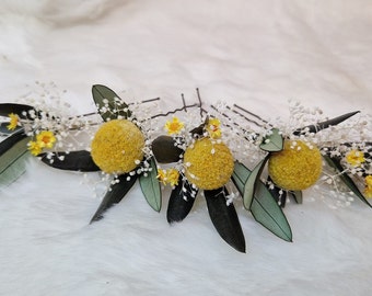 Delicate hair accessories hairpin yellow green olive leaves dried flowers boho wedding bridal jewelry flowers wedding photo shoot