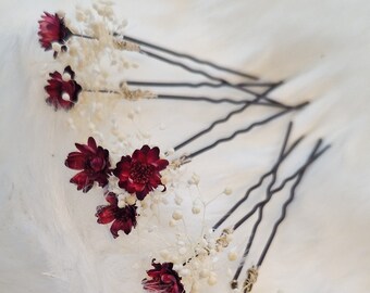 Accessoires cheveux délicats épingle à cheveux gypsophile préservée, bordeaux, vin rouge, fleurs séchées blanches boho mariage bijoux de mariée fleurs mariage