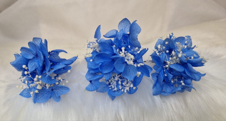 Set 3 x Zartes Haarschmuck Haarnadel Konserviertes Schleierkraut ,Hortensien Blau Trockenblumen Boho Hochzeit Brautschmuck Bild 3