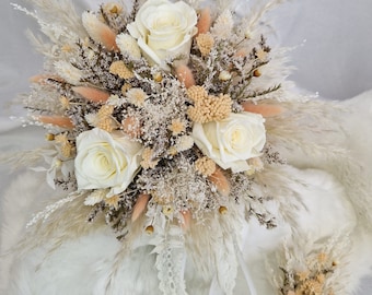 Brautstrauß Pfirsich Creme Beige ewige Rosen Champagner Bohostrauß Pampasgras Trockenblumenstrauß Boho Strauß Trockenblumen Hochzeit