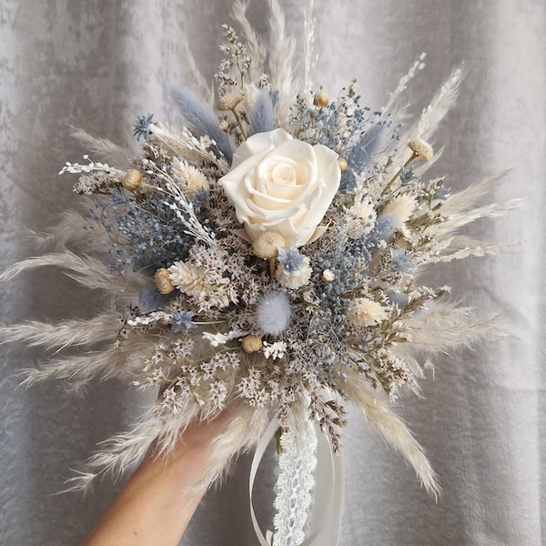 Petit bouquet de mariée bleu glace, bleu/gris, crème rose éternelle champagne boho bouquet herbe de pampa bouquet de fleurs séchées bouquet de fleurs séchées