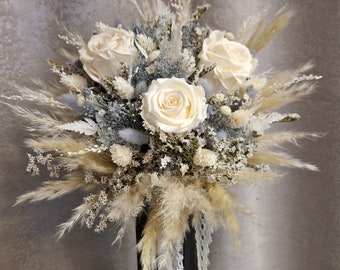 Bouquet de mariée bleu glace, bleu gris, crème roses éternelles champagne boho bouquet herbe de pampa bouquet de fleurs séchées bouquet boho fleurs séchées mariage