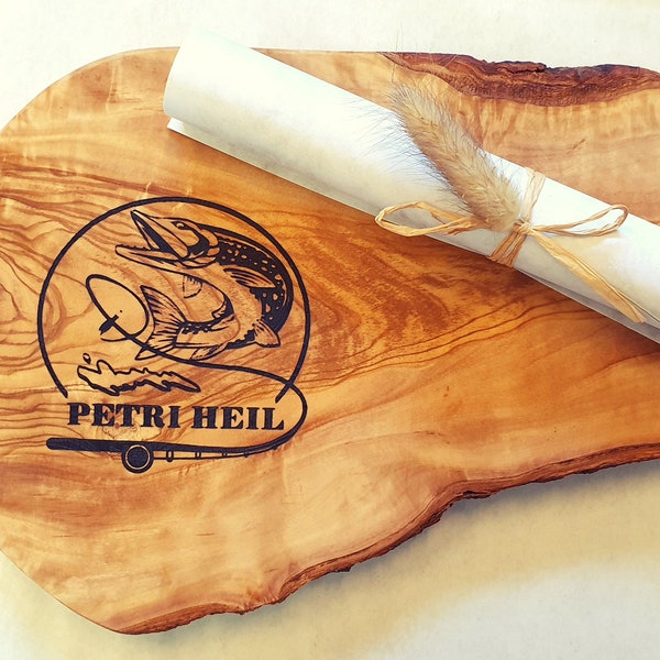 Petri Heil olive wood breakfast board cutting board with engraving fish wood gift personalized for husband, boyfriend, grandpa birthday angler