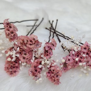 Set 5 x Haarnadel Haarschmuck Konserviertes Schleierkraut ,Altrosa Vintage Rosa Weiß Trockenblumen Boho Hochzeit Brautschmuck