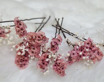 Set 5 x Haarnadel Haarschmuck Konserviertes Schleierkraut ,Altrosa Vintage Rosa Weiß Trockenblumen Boho Hochzeit Brautschmuck