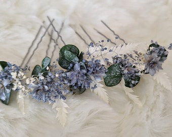 Ensemble d'épingles à cheveux accessoires pour cheveux fleurs décoration florale gypsophile eucalyptus blanc bleu glace/gris coiffure fleurs séchées séance photo de mariage