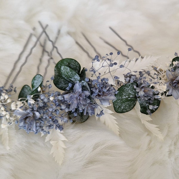 Haarnadel Set Haarschmuck Blumen  Blumenschmuck Schleierkraut Eukalyptus Weiß Ice Blau/Grau  Kopfschmuck Trockenblumen Hochzeit Fotoshooting