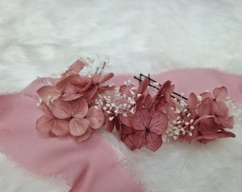 Set 3 x hair pin hair accessories preserved gypsophila, hydrangea dusky pink vintage pink dried flowers boho wedding bridal jewelry