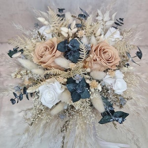 Trockenstrauß Strauß Brautstrauß ewige Rose in Nude, Creme Bohostrauß Pampasgras Trockenblumenstrauß Boho Trockenblumen Standesamt Hochzeit Bild 1