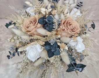 Dry bouquet bridal bouquet eternal rose in nude, cream boho bouquet pampas grass dried flower bouquet boho dried flowers registry office wedding