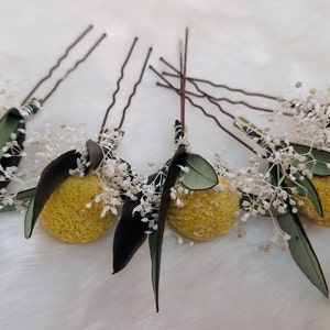 Zartes Haarschmuck Haarnadel Gelb Grün Olivenblätter Trockenblumen Boho Hochzeit Brautschmuck Blumen Hochzeit Fotoshooting Bild 2