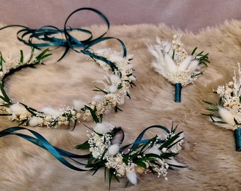 Anstecker, Haarrkranz, Armband, Pampasgras Trockenblumen Hochzeit Boho Champagner Creme Eukalyptus