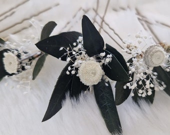 Set Haarschmuck Haarnadel Schleierkraut  Weiß Grün Olivenblätter Trockenblumen Boho Hochzeit Brautschmuck Blumen Hochzeit Fotoshooting