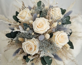 Brautstrauß Iceblau Grau Blau Creme ewige Rosen Champagner Bohostrauß Pampasgras Trockenblumenstrauß Boho Strauß Trockenblumen Hochzeit