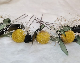 Delicate hair accessories hairpin yellow green olive leaves dried flowers boho wedding bridal jewelry flowers wedding photo shoot