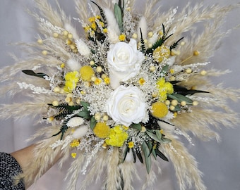 Bridal bouquet ''Soomer Love'' yellow white olive eternal roses boho bouquet pampas grass dried flower bouquet boho bouquet dried flowers beach wedding