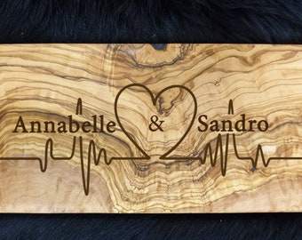 Olive Wood Breakfast Board Cutting Board with Engraving Heartbeat Heart Gift Personalized with Name Valentine's Day Gift Valentine's Day